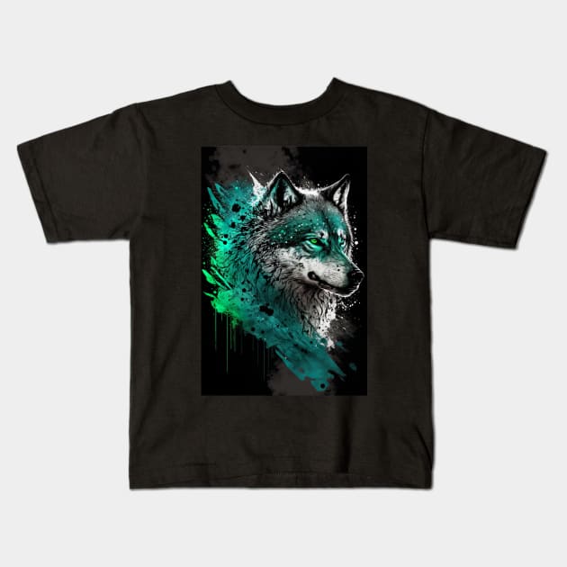 Cool Wolf portrait with green glow Kids T-Shirt by KoolArtDistrict